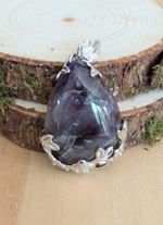 Amethyst Gemstone Teardrop Pendant With Silver Tone Flower/Leaf Casing