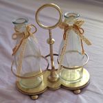 Oil & Vinegar Set 2 Clear Glass Bottles with Silver Metal Caddy/Holder