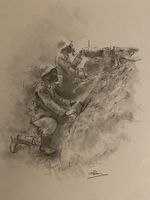 WW1 Trench scene drawing - German machine gun crew
