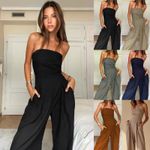 Women's Boob Tube Stretch Jumpsuits Summer Party Wide Leg Pocket Pants Playsuits