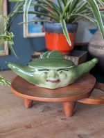 Vintage 23cm Cucumber Face Pot Dish Lidded Green Ceramic Novelty Studio Pottery