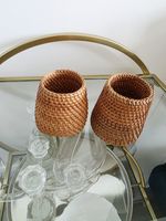 Pair of Vintage Woven Rattan Wicker Holders Boho Desk Tidy Plant Pots Makeup