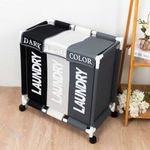 Laundry Basket On Wheels 3 Section Foldable Slim Rolling Hamper Lid Washing UK