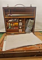 VINTAGE WOODEN ARTISTS BOX / POCHADE WITH CONTENTS 19" X 16" X 5.5"