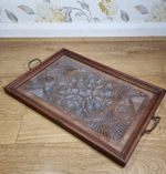 Early 20th Century Wooden Chip Carved Serving Tray Glazed Ornate Folk Art c1930