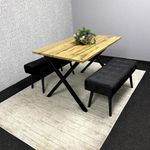 Wooden  Dining Table with 2 Black Velvet Padded Benches