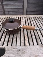 VTG Le Creuset 14 Cast Iron Enamel Saucepan Spout Wood Handle Orig. Brown