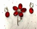 Vtg Juliana Style Red-Clear Rhinestone Flower Stem Brooch W/Clip On Earrings Set