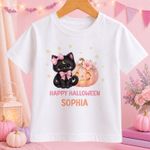 Personalised Halloween T-Shirt Black Cat Pumpkin Kids Boys Girls Name Tee Top UK