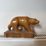 Vintage Hand Carved Wooden Bear Figurine on Natural Wood Base Folk Art Sculpture