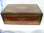ANTIQUE REGENCY ROSEWOOD & BRASS INLAID WRITING SLOPE BOX LAPDESK, SECRET DRAWS
