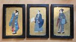 3 Antique Japanese fabric and embroidered collages of samurai and geisha