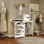 Folding Sewing Table Drop Leaf Craft Table with Storage Shelf and Wheels White