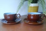 2 x Vtg Denby Homestead Brown & Blue Cups and Saucers - Coffee Tea (More Avail.)
