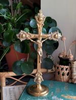 Antique French Crucifix Cross Christ Freestanding Metal Brass 37cm