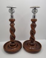 Vintage Wooden Barley Twist Candle Sticks Decorative Metal Tops 10" Tall Rare