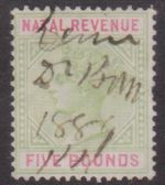 (F270-10) 1880 Natal 5 Pounds green & red QVIC revenue stamp (J)  (BD09)