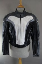 DAINESE ITALIAN MADE BLACK, SILVER & WHITE LEATHER BIKER JACKET + CE ARMOUR 34"
