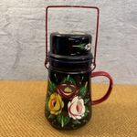 Vintage Enamel Bargeware/Canalware Folk Art Coffee Pot Black/Roses with Cup Lid