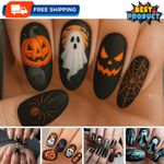 24Pcs Halloween Dark Witch Press-On Nails Moon Magic Hat Broom False Nail Tips 