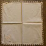 12 x Vintage Linen Serviettes Napkins with Embroidery Lace Edging - Peach