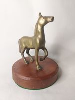 Vintage Brass Trotting Horse Figure On Wooden Stand, Metal and Wood Horse A