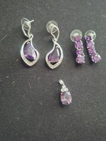 Purple Crystal Earrings Job Lot + Pendant Silver Tone Amethyst Style Bundle