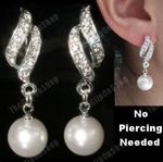 U CLIP ON pearl TWIST rhinestone CRYSTAL drop EARRINGS silver plated CREAM/WHITE