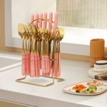 24-piece Modern Gold+pink 410 Stainless Steel Cutlery Set With Stand For Family