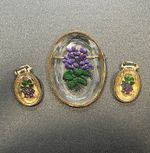 Vintage West German(?) reverse intaglio painted violet brooch and earring set