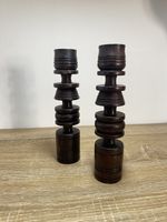 Vintage Pair Real Ebony?Turned Wood Candlesticks Sculptural Bobbin Brutalist MCM