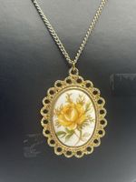 Vintage Charm Necklace Yellow Rose Cameo Gold Tone Metal Chain Ornate Pendant