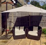 Large 3m Tilt Parasol Beige Canopy & 2 Rattan Style Garden Chairs With Cushions