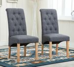 Dining Chairs With BUTTONS Grey Fabric  Set of 2  Roll Top Scroll  Wooden   Legs