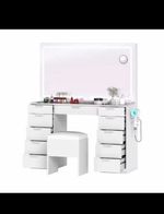 White Vanity Table LED Glass Top Mirror 11 Drawers with Stool