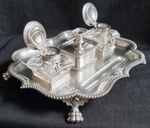 ANTIQUE ENGLISH SILVER PLATED INKSTAND 2 INKWELLS PARTNERS DESK-STAND PEN RESTS