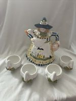Department 56 MOTHER GOOSE Ceramic Teapot and 4 Goose Tea Cups