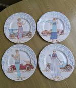 Bone china England set four large display plates 9 5/8" 1920s ladies/cars superb
