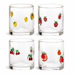 Fruit Pattern Glass Tumblers 400ml Lemon Cherry Strawberry Orange Set of 4