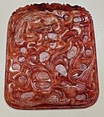 Chinese Red Jadeite Dragon Plaque Carved Relief Clouds Waves 20th Century 79g