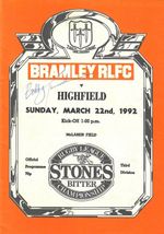Bramley v Highfield - 1991/92 Division 3 *** signed by the Highfield team ***