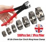 130x Single Ear Hose Clamp Assorted O Fuel Pipe Clip +Clamp Crimp Plier Tool Set