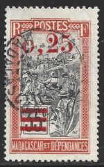 Madagascar, Scott #132, 25c on 35c Transportation by Sedan Chair, RED Ovpt, Used