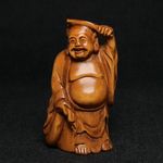 2 Inch Signed Hand Carved Boxwood Money Bag Maitreya Statue Netsuke Collection