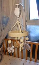 Safari Nursery Cot Mobile with Hanging Plush Animal Toys, Beige White Grey
