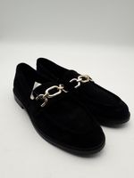 M&S Women's Shoes Black Genuine Suede Gold Tone Chain Loafers RRP £58 New
