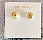 Authentic Tory Burch whiteLogo Stud Earrings Gold