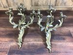 PAIR OF VINTAGE BRASS ROCOCO WALL CANDLE SCONCES / LIGHTS WITH 3 ARMS 1920s