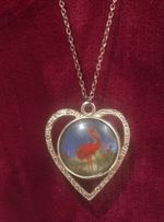 Vintage Morpho Butterfly Wing Heart Double Sided Flamingo/Palm Trees  Necklace