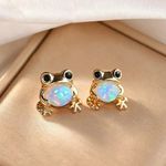 1 Pair Cute Opal Frog Penguin Stud Earrings, Cartoon Animal Jewelry for Girls